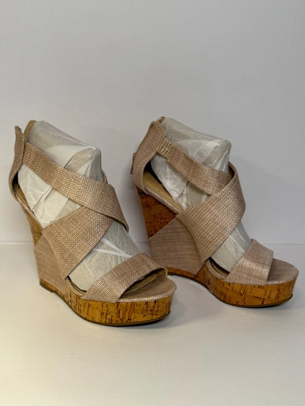BCBGeneration Gold Linen Raffia Cork Wedge Sandals Size 6B